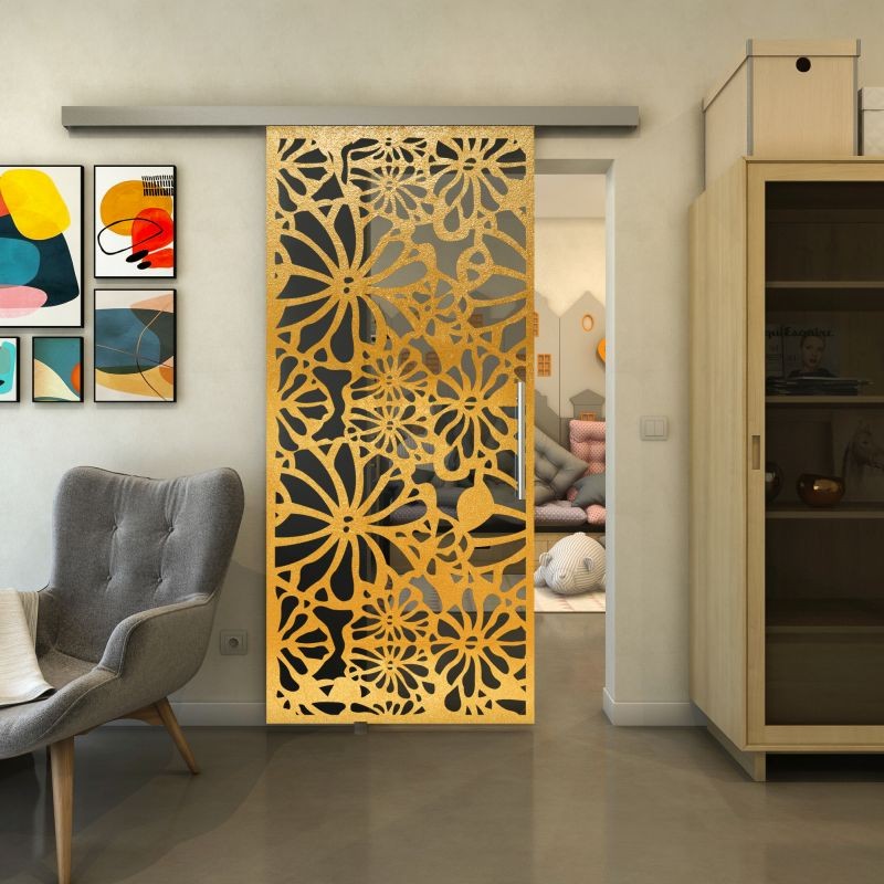 Glasschiebetür SLIM-LINE - Fineprint Modell 145 Gold auf Grauglas