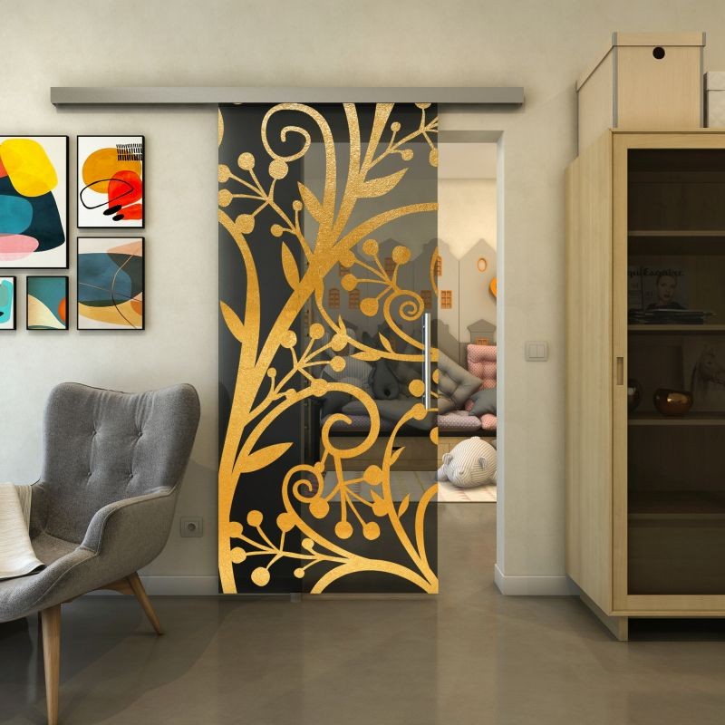 Glasschiebetür SLIM-LINE - Fineprint Modell 146 Gold auf Grauglas Glasschiebetür SLIM-LINE - Fineprint Modell 146 Gold auf Grauglas