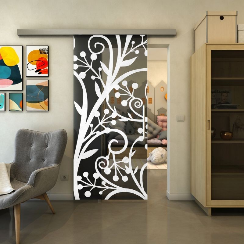 Glasschiebetür SLIM-LINE - Fineprint Modell 146 Weiss auf Grauglas