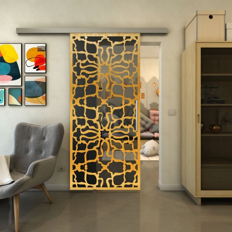 Glasschiebetür SLIM-LINE - Fineprint Modell 150 Gold auf Grauglas