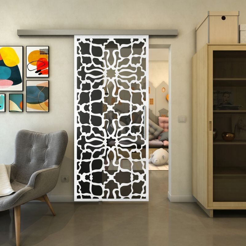 Glasschiebetür SLIM-LINE - Fineprint Modell 150 Weiss auf Grauglas