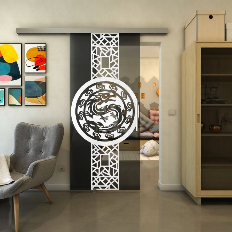 Glasschiebetür SLIM-LINE - Fineprint Modell 151 Weiss auf Grauglas