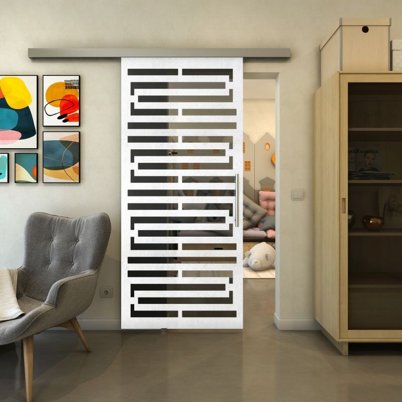Glasschiebetür SLIM-LINE - Fineprint Modell 153 Weiss auf Grauglas