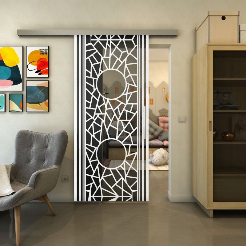 Glasschiebetür SLIM-LINE - Fineprint Modell 154 Weiss auf Grauglas