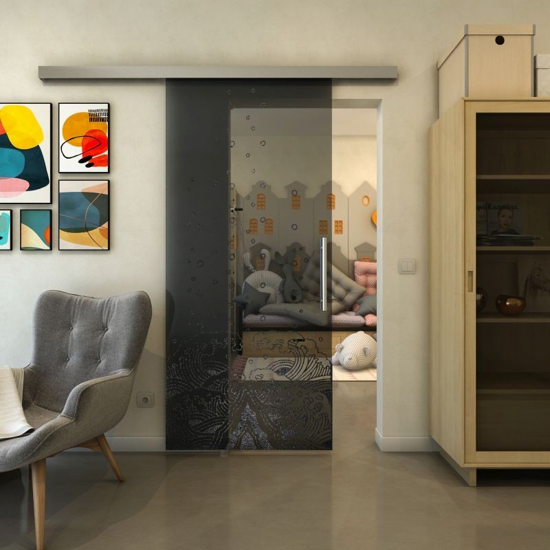 Glasschiebetür SLIM-LINE - Fineprint Modell 155 Schwarz auf Grauglas