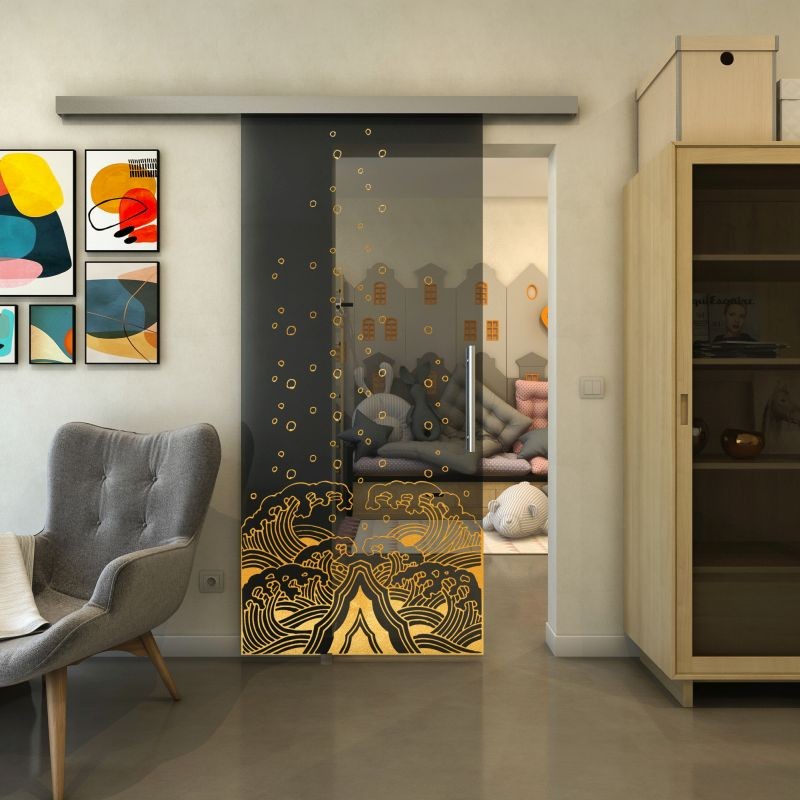 Glasschiebetür SLIM-LINE - Fineprint Modell 155 Gold auf Grauglas Glasschiebetür SLIM-LINE - Fineprint Modell 155 Gold auf Grauglas