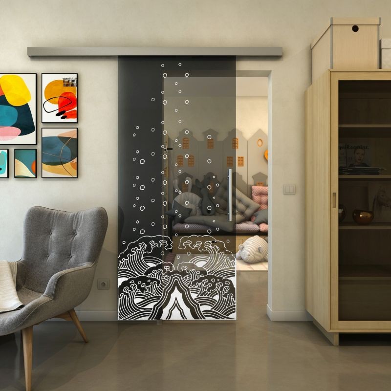 Glasschiebetür SLIM-LINE - Fineprint Modell 155 Weiss auf Grauglas