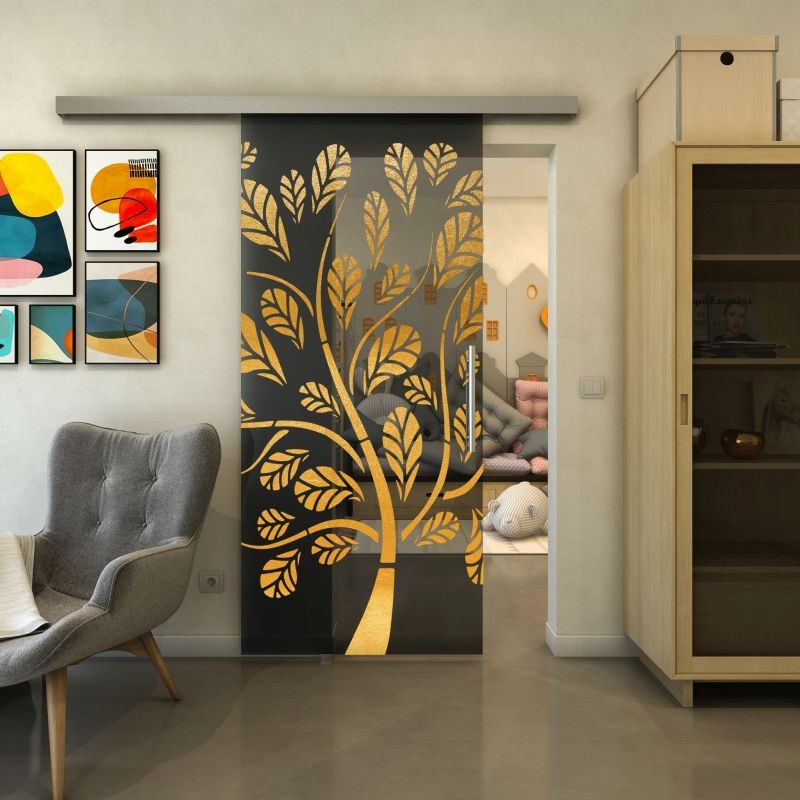 Glasschiebetür SLIM-LINE - Fineprint Modell 159 Gold auf Grauglas