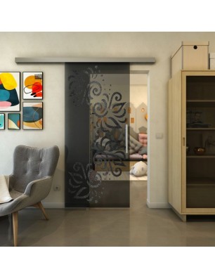Glasschiebetür SLIM-LINE - Fineprint Model 163 Schwarz auf Grauglas