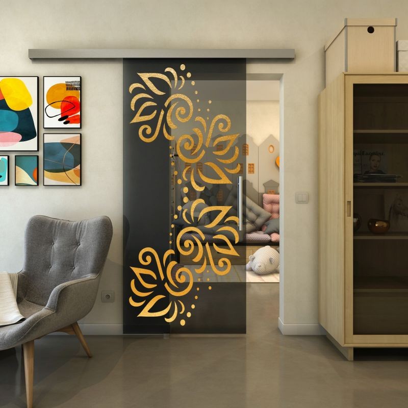 Glasschiebetür SLIM-LINE - Fineprint Modell 163 Gold auf Grauglas