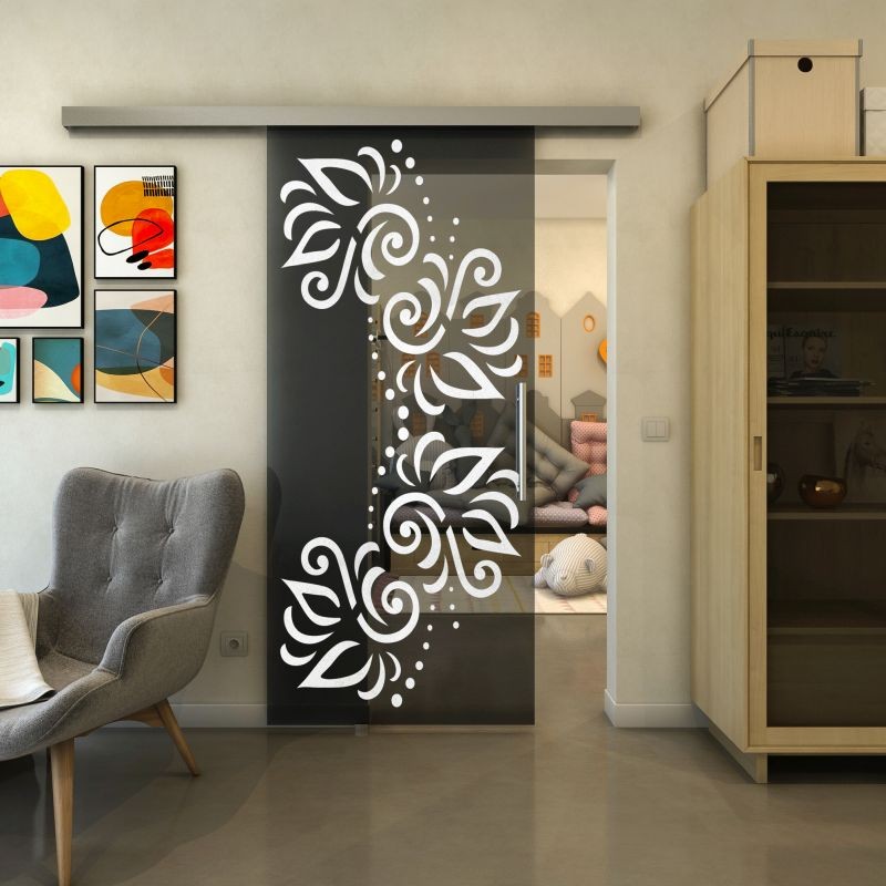 Glasschiebetür SLIM-LINE - Fineprint Modell 163 Weiss auf Grauglas