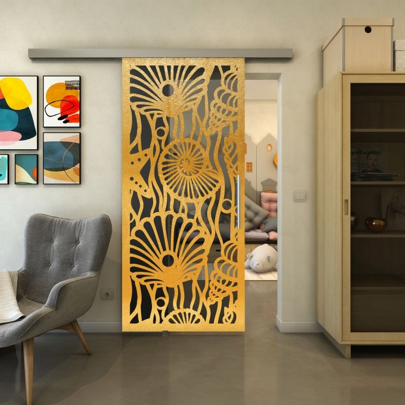Glasschiebetür SLIM-LINE - Fineprint Modell 165 Gold auf Grauglas