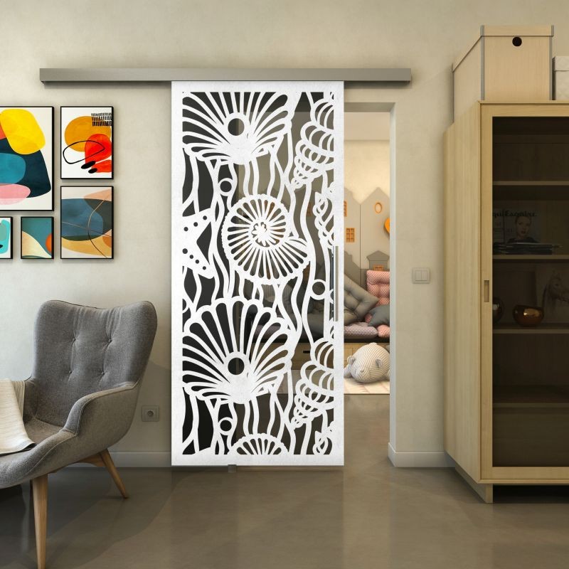 Glasschiebetür SLIM-LINE - Fineprint Modell 165 Weiss auf Grauglas