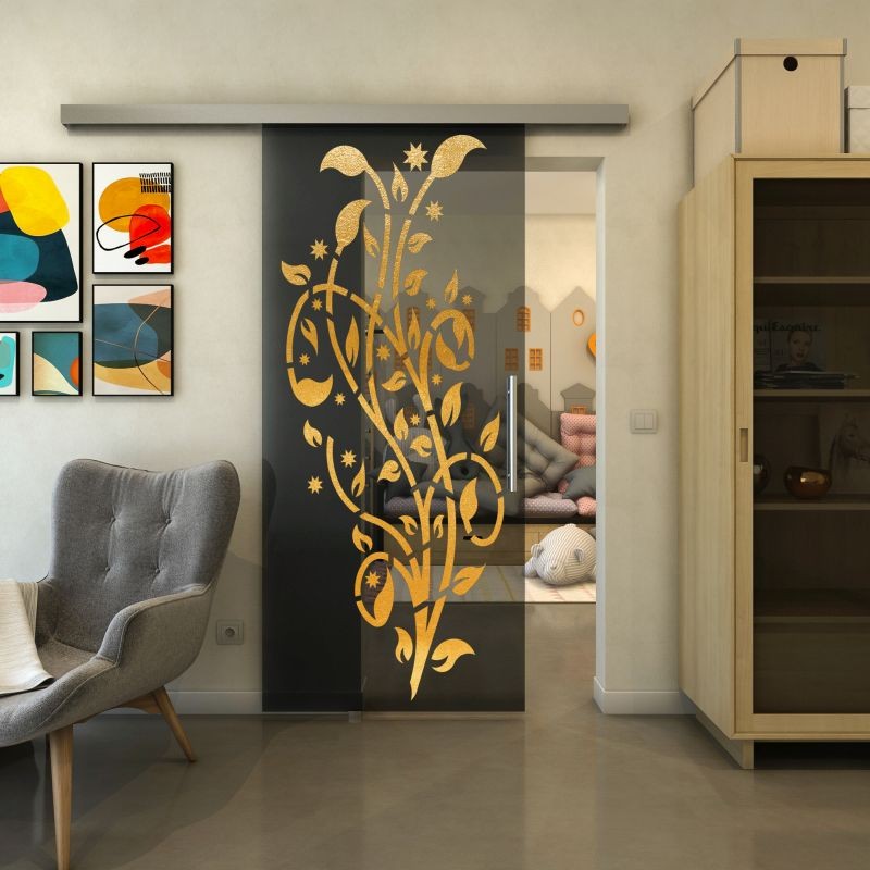 Glasschiebetür SLIM-LINE - Fineprint Modell 166 Gold auf Grauglas