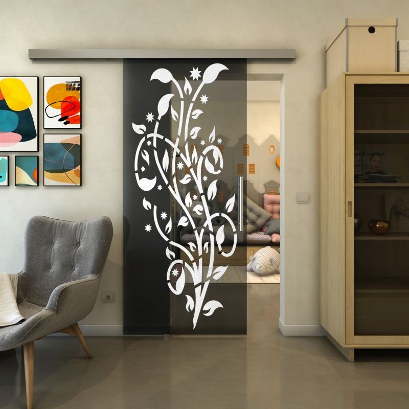 Glasschiebetür SLIM-LINE - Fineprint Modell 166 Weiss auf Grauglas