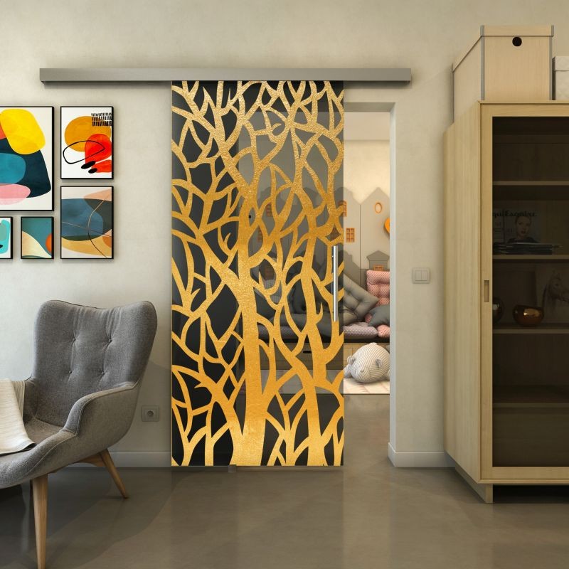 Glasschiebetür SLIM-LINE - Fineprint Modell 167 Gold auf Grauglas