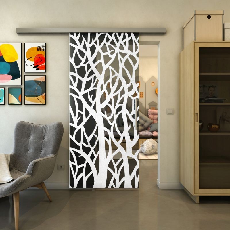 Glasschiebetür SLIM-LINE - Fineprint Modell 167 Weiss auf Grauglas