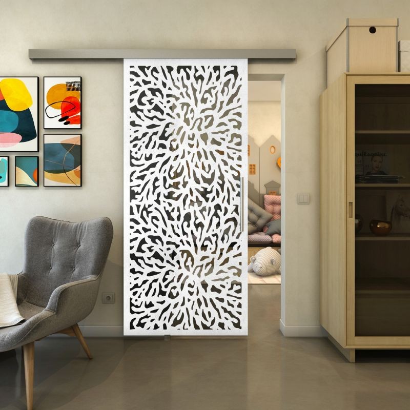 Glasschiebetür SLIM-LINE - Fineprint Modell 168 Weiss auf Grauglas