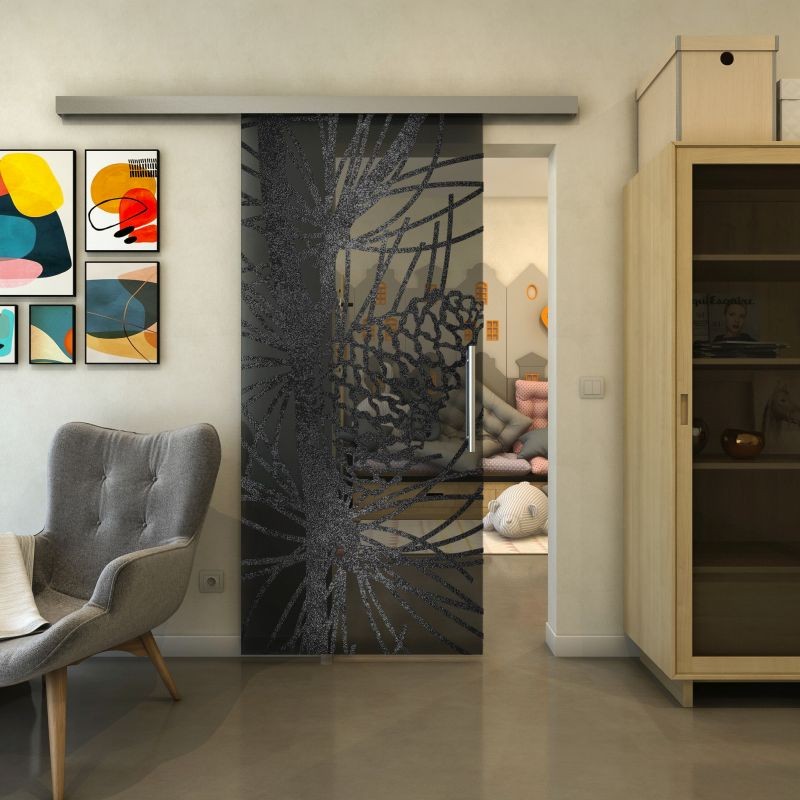 Glasschiebetür SLIM-LINE - Fineprint Modell 169 Schwarz auf Grauglas Glasschiebetür SLIM-LINE - Fineprint Modell 169 Schwarz auf Grauglas