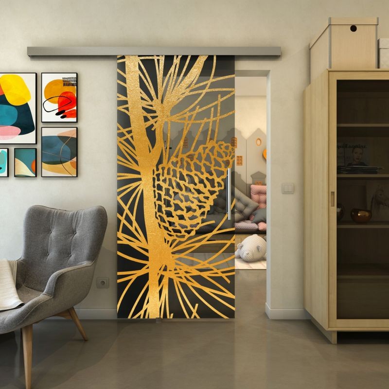 Glasschiebetür SLIM-LINE - Fineprint Modell 169 Gold auf Grauglas