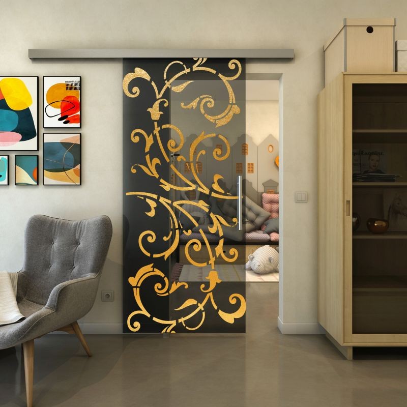 Glasschiebetür SLIM-LINE - Fineprint Modell 171 Gold auf Grauglas Glasschiebetür SLIM-LINE - Fineprint Modell 171 Gold auf Grauglas