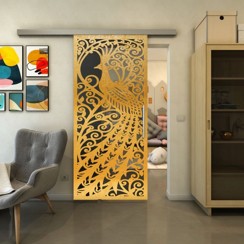 Glasschiebetür SLIM-LINE - Fineprint Modell 172 Gold auf Grauglas