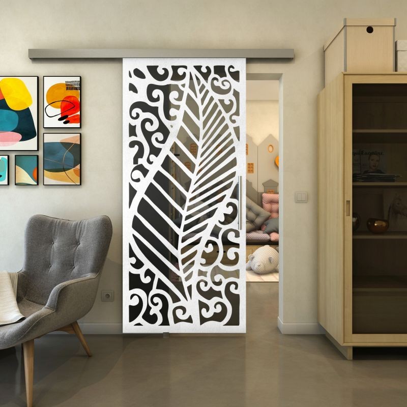 Glasschiebetür SLIM-LINE - Fineprint Modell 173 Weiss auf Grauglas