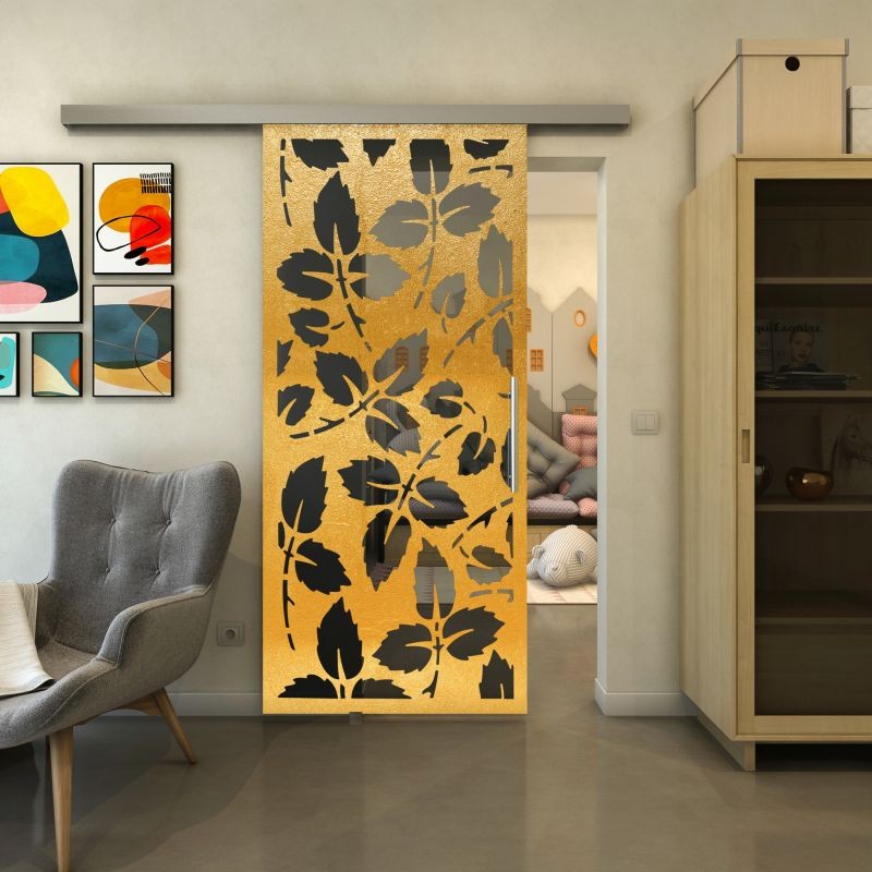 Glasschiebetür SLIM-LINE - Fineprint Modell 175 Gold auf Grauglas