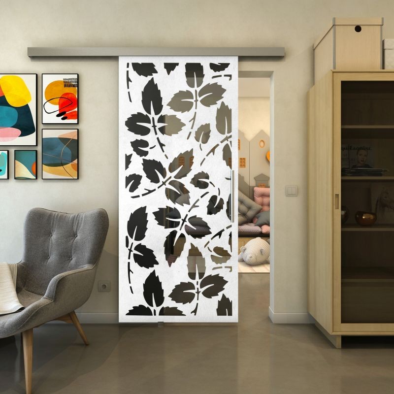 Glasschiebetür SLIM-LINE - Fineprint Modell 175 Weiss auf Grauglas