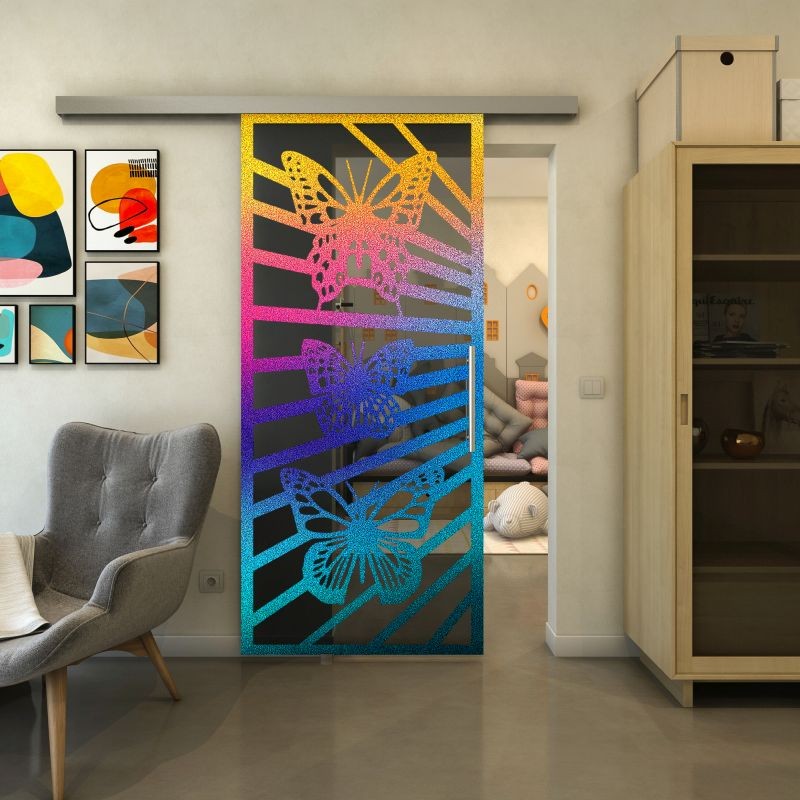 Glasschiebetür SLIM-LINE - Fineprint Modell 176 Verlauf auf Grauglas Glasschiebetür SLIM-LINE - Fineprint Modell 176 Verlauf auf Grauglas