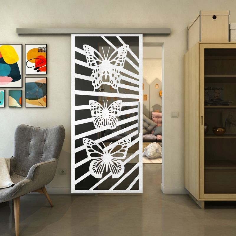 Glasschiebetür SLIM-LINE - Fineprint Modell 176 Weiss auf Grauglas