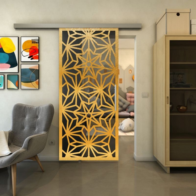 Glasschiebetür SLIM-LINE - Fineprint Modell 178 Gold auf Grauglas