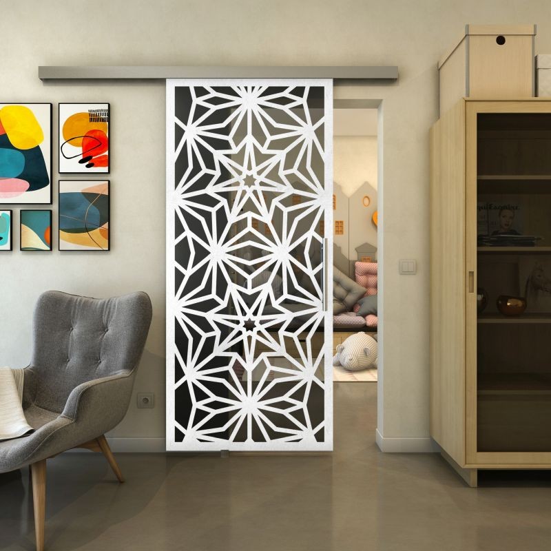 Glasschiebetür SLIM-LINE - Fineprint Modell 178 Weiss auf Grauglas