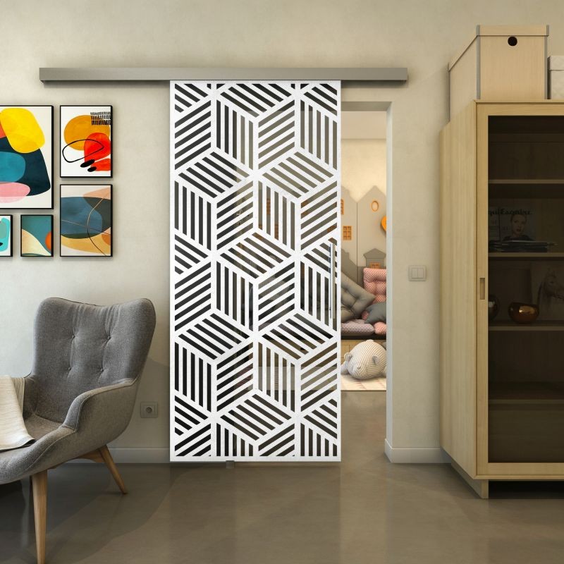 Glasschiebetür SLIM-LINE - Fineprint Modell 179 Weiss auf Grauglas