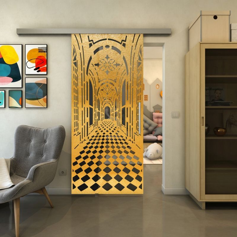 Glasschiebetür SLIM-LINE - Fineprint Modell 181 Gold auf Grauglas
