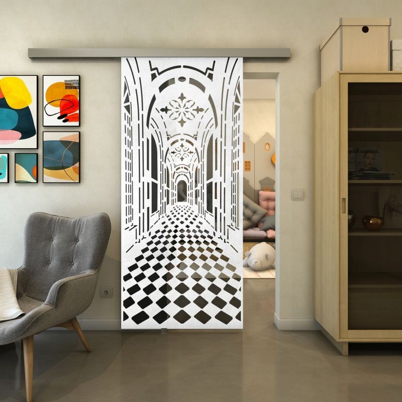 Glasschiebetür SLIM-LINE - Fineprint Modell 181 Weiss auf Grauglas