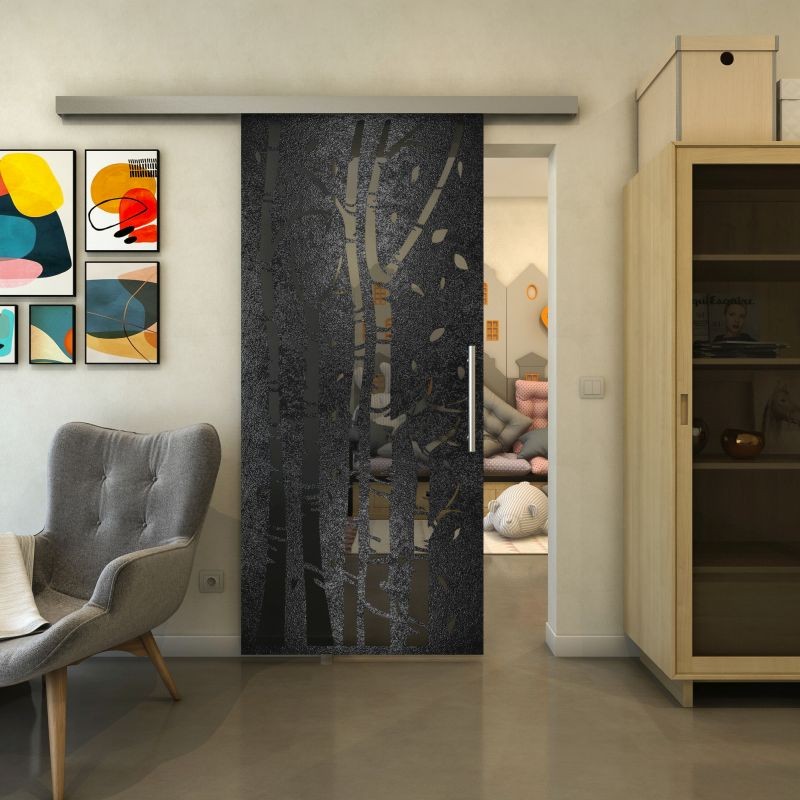 Glasschiebetür SLIM-LINE - Fineprint Modell 182 Schwarz auf Grauglas Glasschiebetür SLIM-LINE - Fineprint Modell 182 Schwarz auf Grauglas