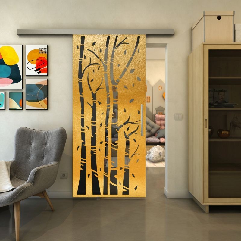Glasschiebetür SLIM-LINE - Fineprint Modell 182 Gold auf Grauglas Glasschiebetür SLIM-LINE - Fineprint Modell 182 Gold auf Grauglas