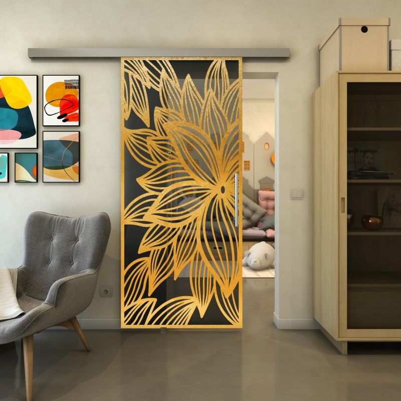 Glasschiebetür SLIM-LINE - Fineprint Modell 184 Gold auf Grauglas Glasschiebetür SLIM-LINE - Fineprint Modell 184 Gold auf Grauglas