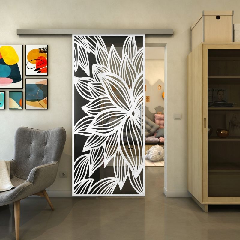 Glasschiebetür SLIM-LINE - Fineprint Modell 184 Weiss auf Grauglas