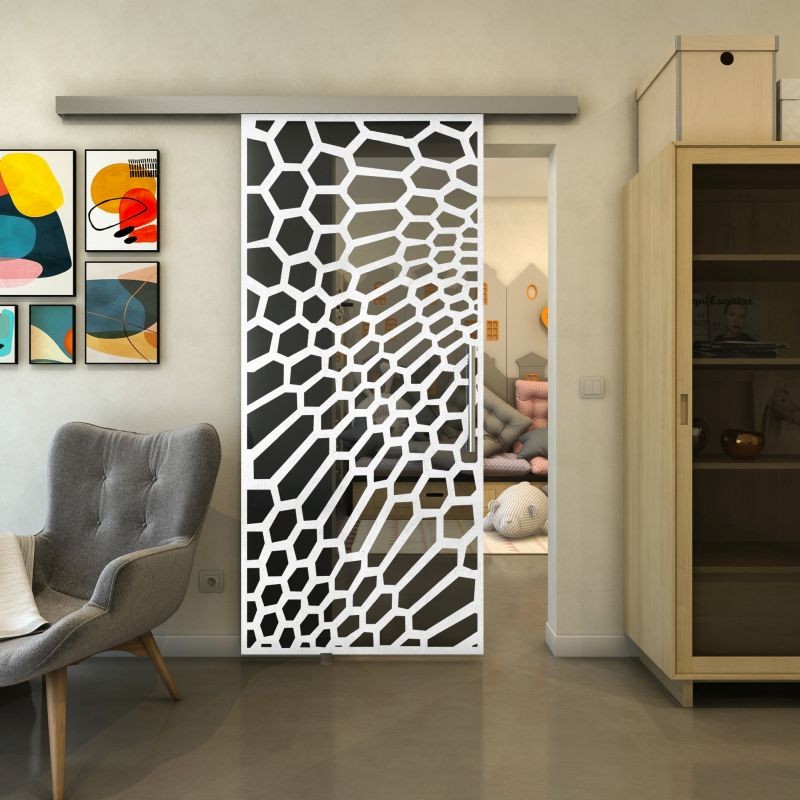 Glasschiebetür SLIM-LINE - Fineprint Modell 186 Weiss auf Grauglas