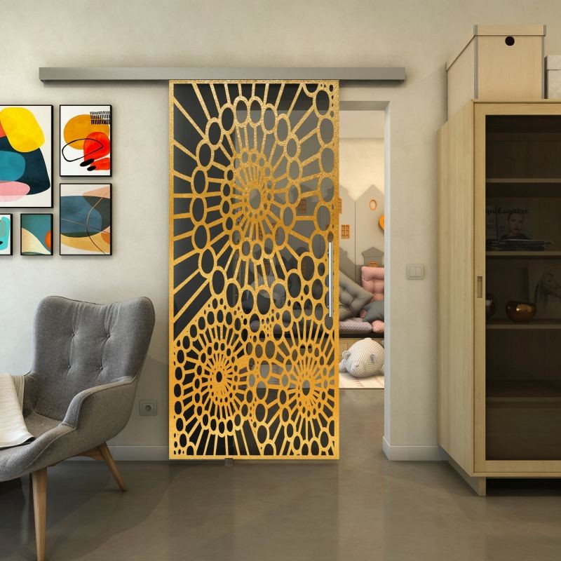 Glasschiebetür SLIM-LINE - Fineprint Modell 188 Gold auf Grauglas