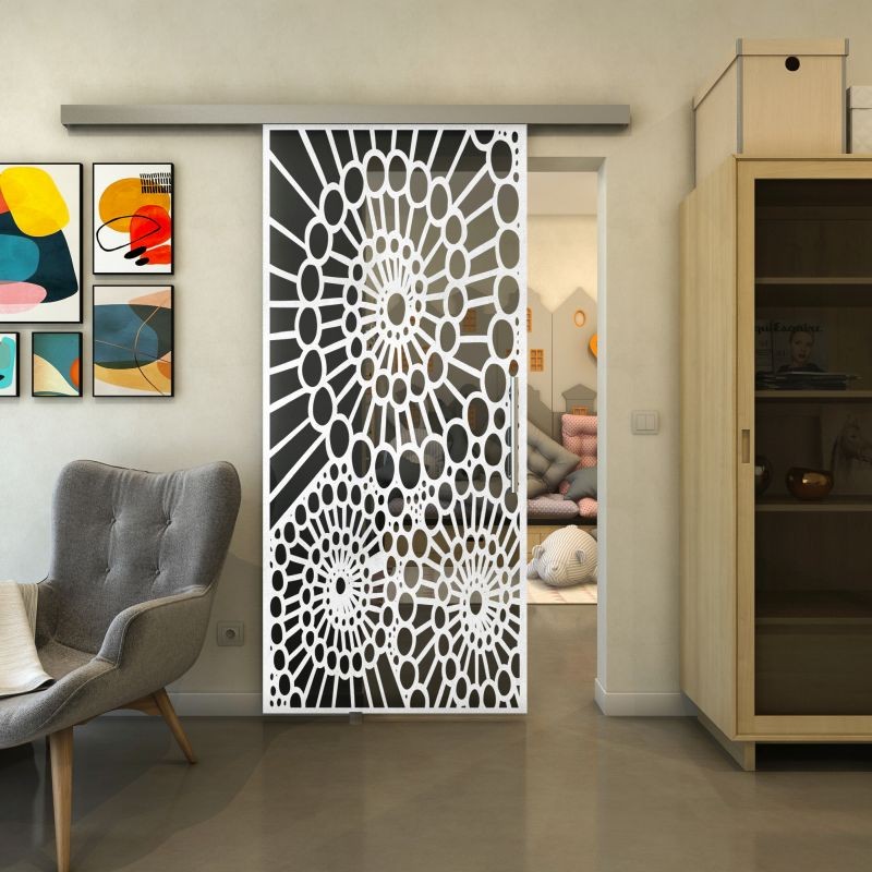 Glasschiebetür SLIM-LINE - Fineprint Modell 188 Weiss auf Grauglas