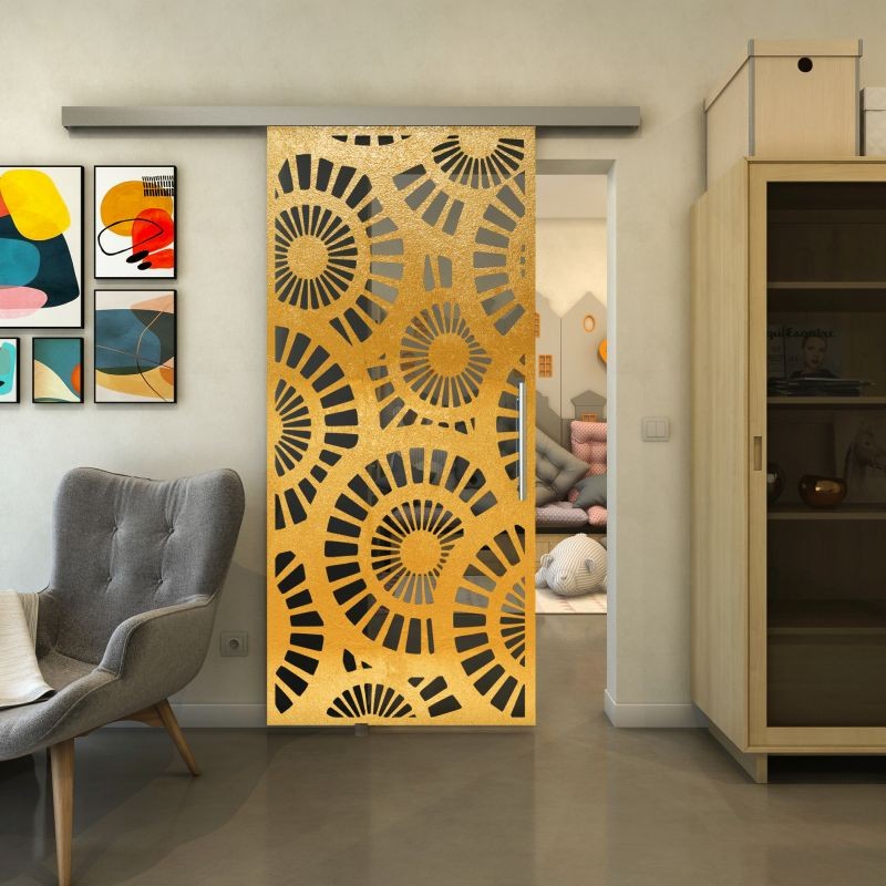 Glasschiebetür SLIM-LINE - Fineprint Modell 191 Gold auf Grauglas