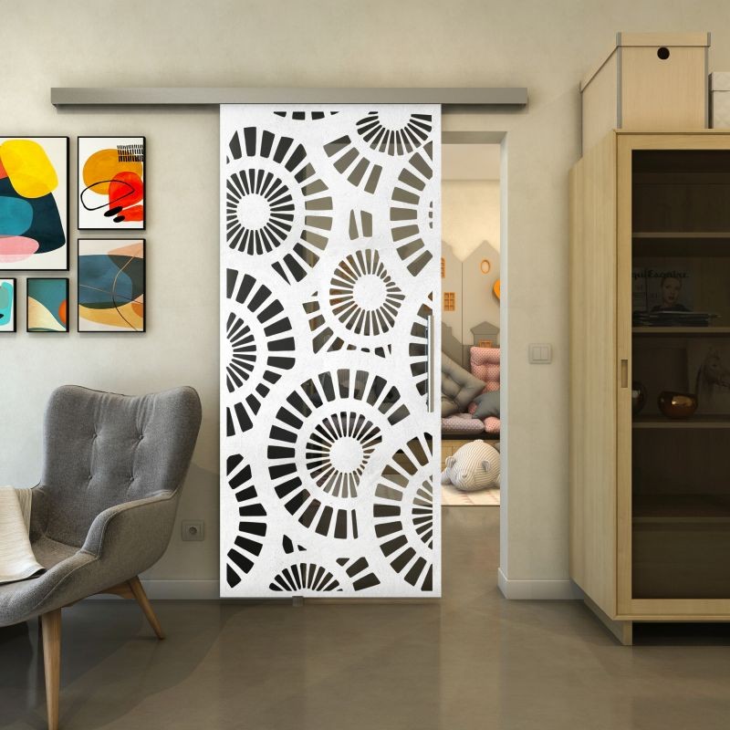 Glasschiebetür SLIM-LINE - Fineprint Modell 191 Weiss auf Grauglas