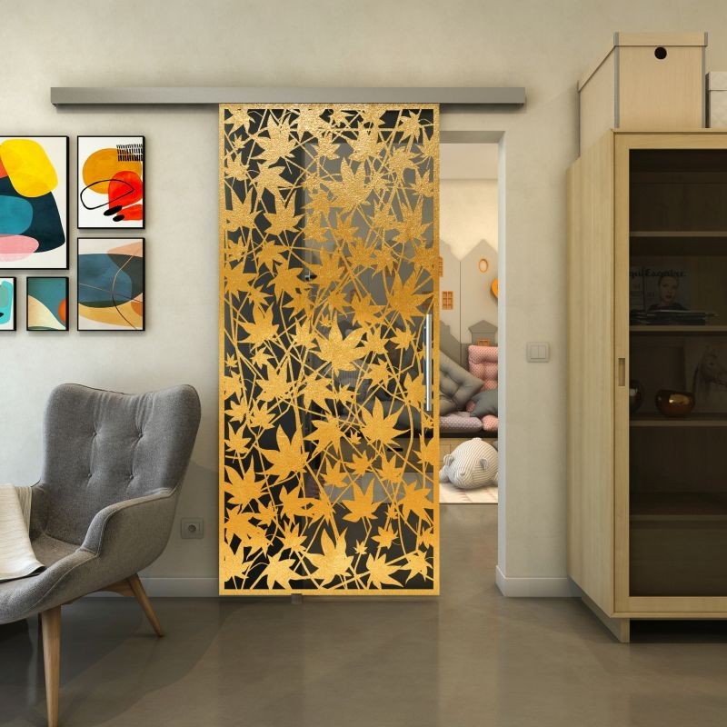 Glasschiebetür SLIM-LINE - Fineprint Modell 192 Gold auf Grauglas