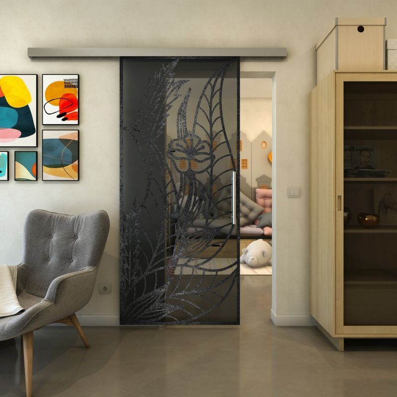Glasschiebetür SLIM-LINE - Fineprint Modell 195 Schwarz auf Grauglas