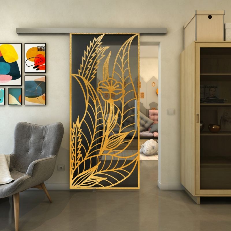 Glasschiebetür SLIM-LINE - Fineprint Modell 195 Gold auf Grauglas
