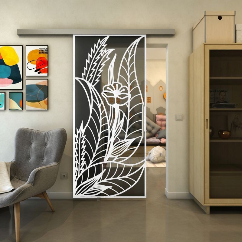 Glasschiebetür SLIM-LINE - Fineprint Modell 195 Weiss auf Grauglas