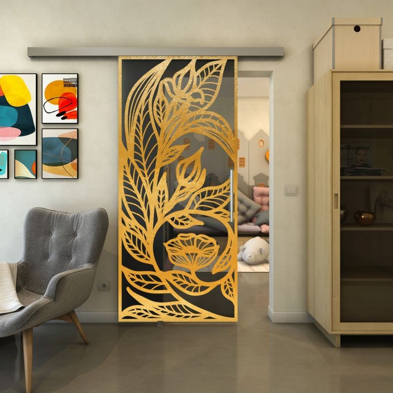 Glasschiebetür SLIM-LINE - Fineprint Modell 196 Gold auf Grauglas